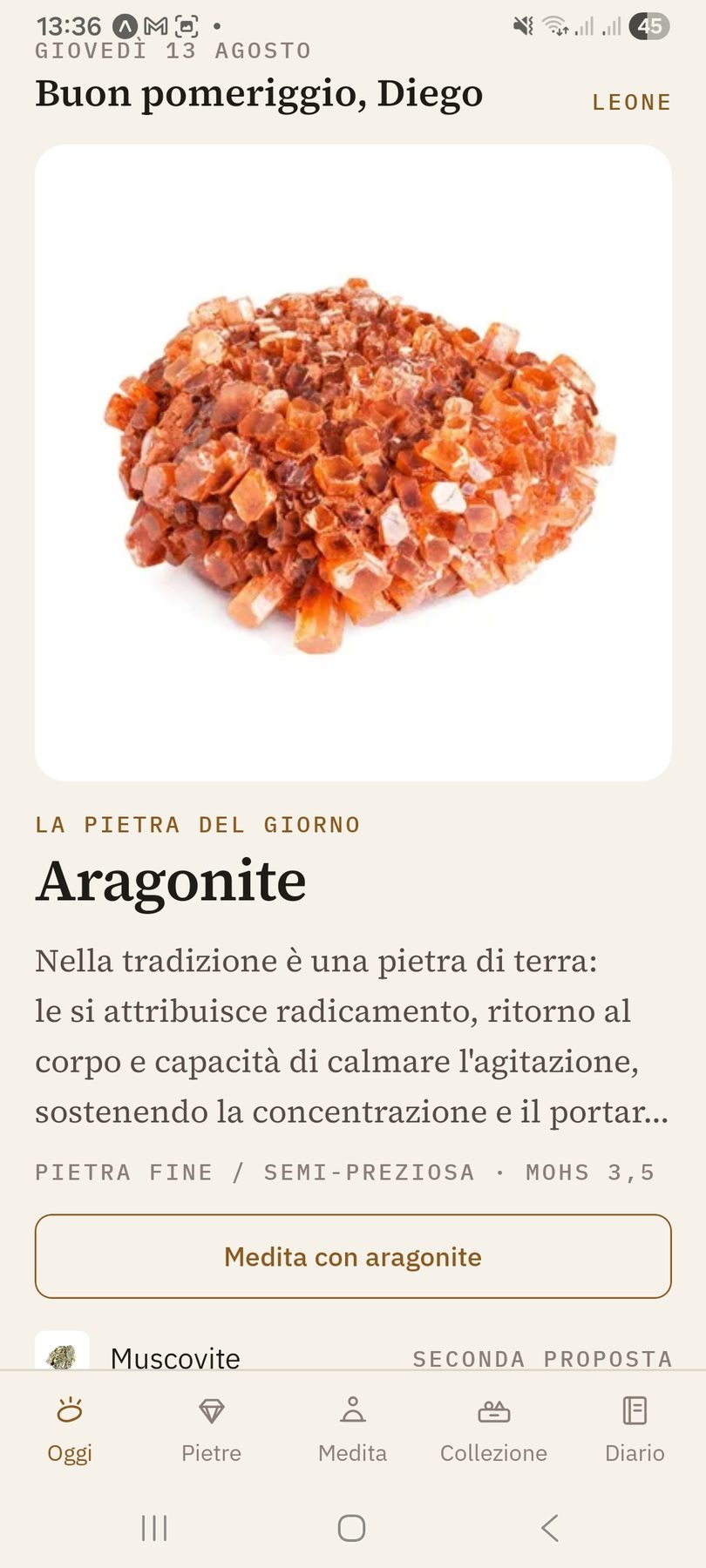 La schermata Oggi con la pietra del giorno
