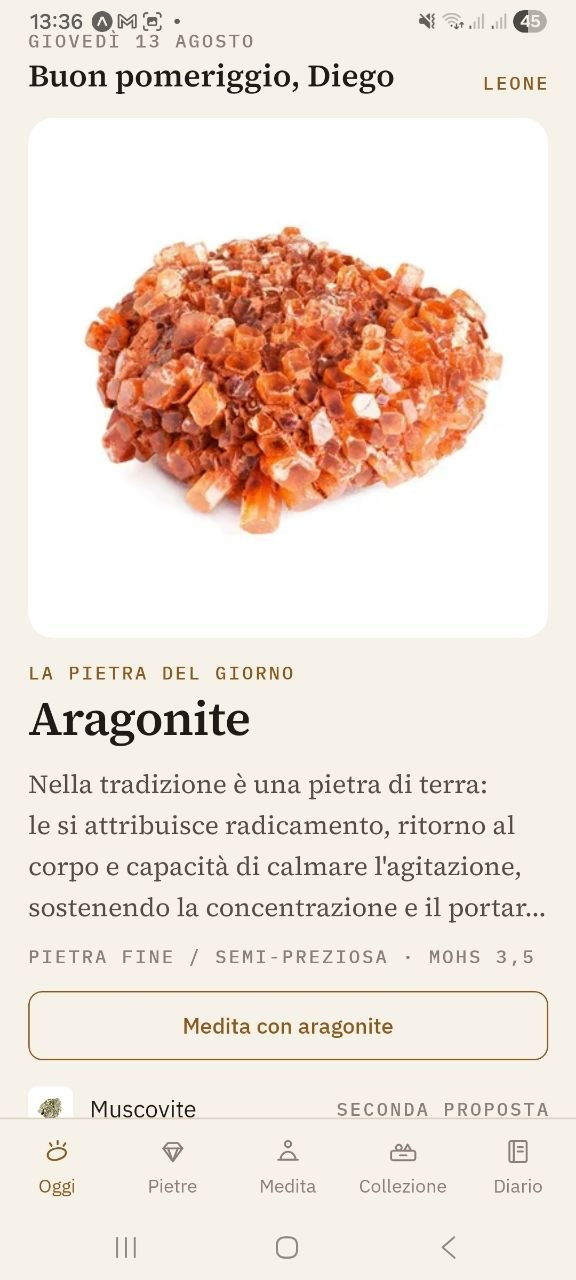 La schermata Oggi con la pietra del giorno